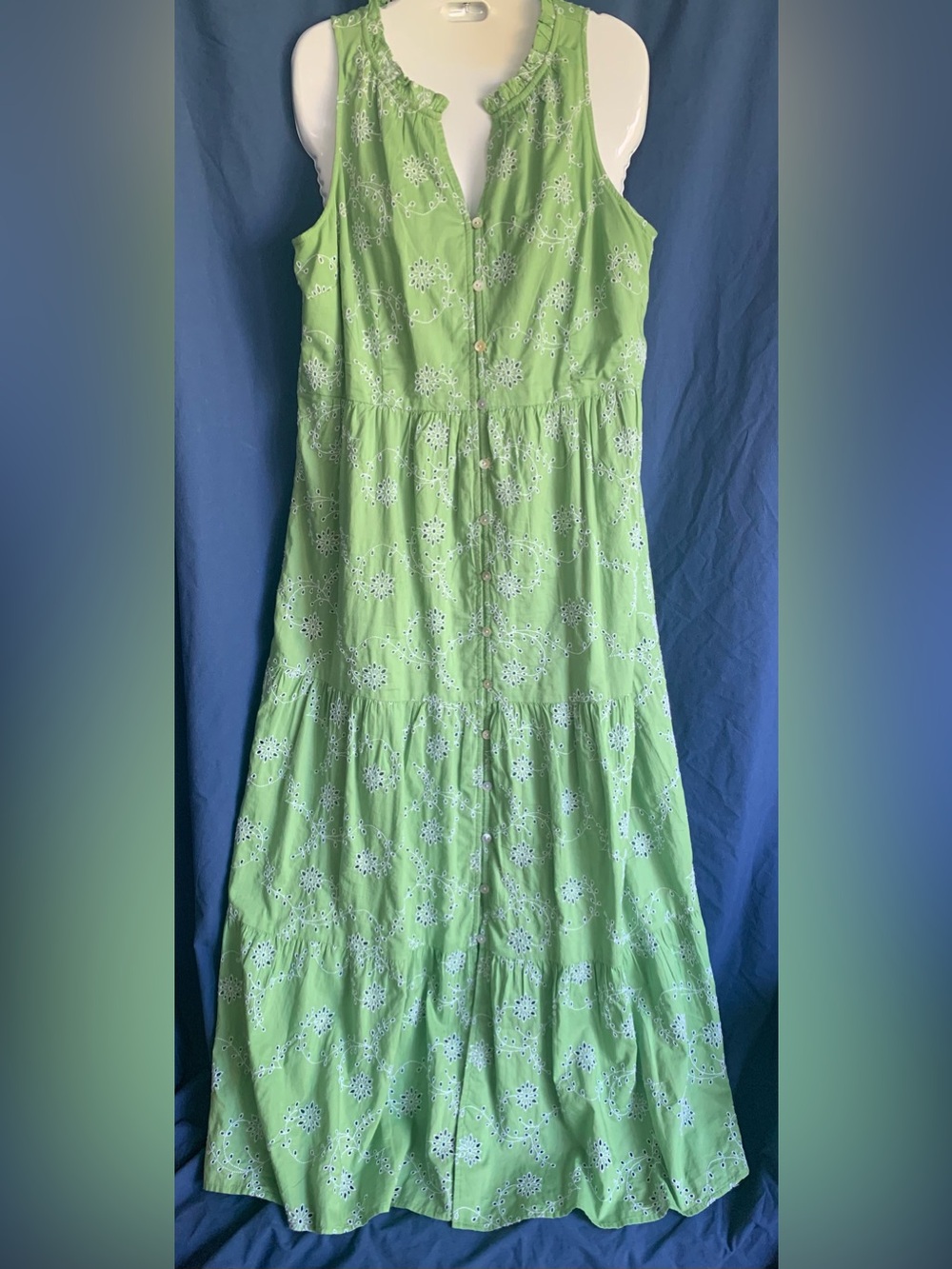 J. Jill size Small Bright Green Eyelet-Trim Tiered Sleeveless Dress